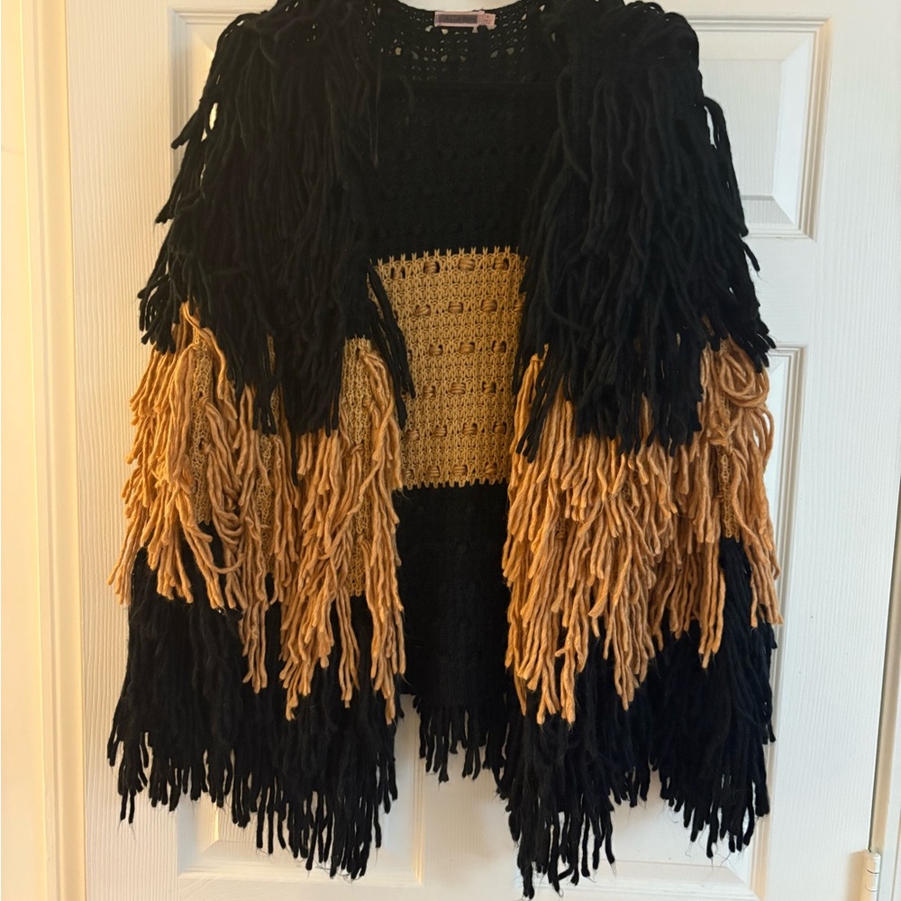Vici Black and Tan Fringe Knit Sweater